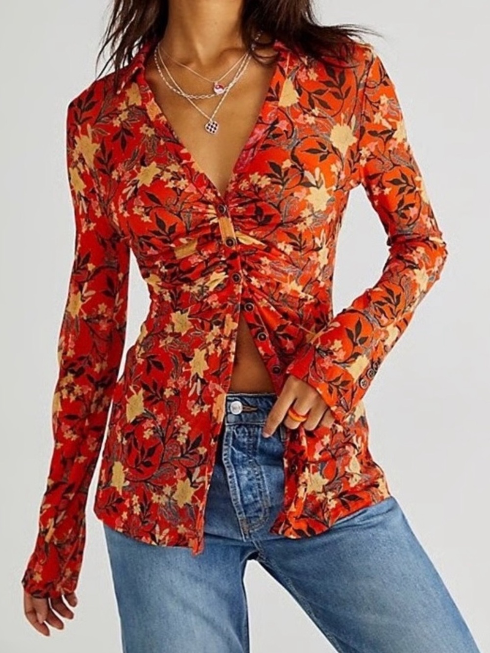 Free People Lucky Shirtee Floral Mesh Ruched Top Orange Multi Medium